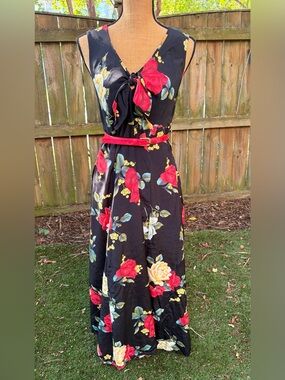 Vintage 90s Ms Choice Black Rose Floral Maxi Dress Made USA Romantic